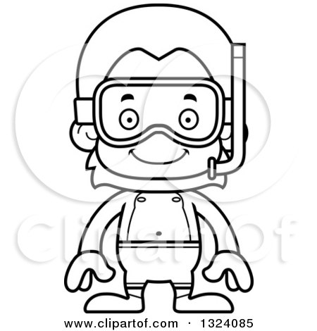 Lineart Clipart of a Cartoon Black and White Happy Orangutan Monkey in Snorkel Gear - Royalty Free Outline Vector Illustration by Cory Thoman