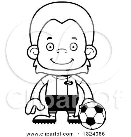 Lineart Clipart of a Cartoon Black and White Happy Orangutan Monkey Soccer Player - Royalty Free Outline Vector Illustration by Cory Thoman