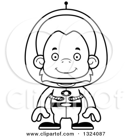 Lineart Clipart of a Cartoon Black and White Happy Futuristic Space Orangutan Monkey - Royalty Free Outline Vector Illustration by Cory Thoman