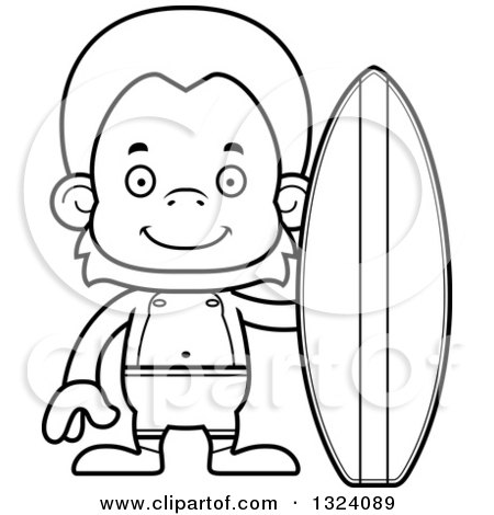 Lineart Clipart of a Cartoon Black and White Happy Orangutan Monkey Surfer - Royalty Free Outline Vector Illustration by Cory Thoman