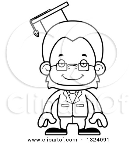 Lineart Clipart of a Cartoon Black and White Happy Orangutan Monkey Professor - Royalty Free Outline Vector Illustration by Cory Thoman