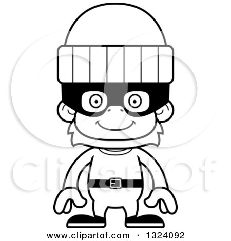 Lineart Clipart of a Cartoon Black and White Happy Orangutan Monkey Robber - Royalty Free Outline Vector Illustration by Cory Thoman