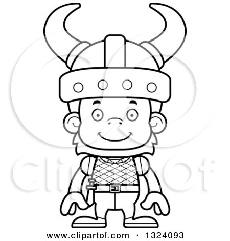 Lineart Clipart of a Cartoon Black and White Happy Orangutan Monkey Viking - Royalty Free Outline Vector Illustration by Cory Thoman