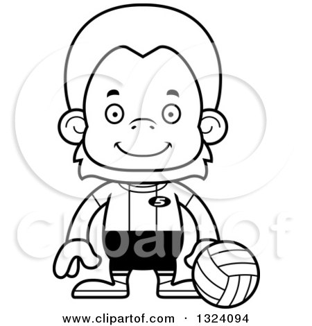Lineart Clipart of a Cartoon Black and White Happy Orangutan Monkey Volleyball Player - Royalty Free Outline Vector Illustration by Cory Thoman