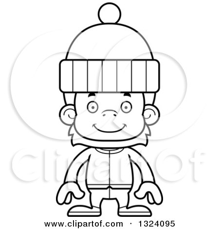 Lineart Clipart of a Cartoon Black and White Happy Orangutan Monkey in Winter Clothes - Royalty Free Outline Vector Illustration by Cory Thoman