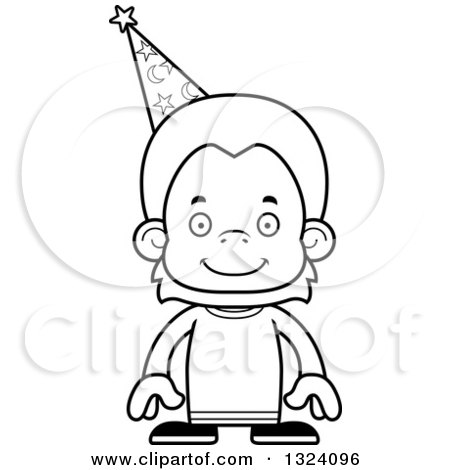 Lineart Clipart of a Cartoon Black and White Happy Orangutan Monkey Wizard - Royalty Free Outline Vector Illustration by Cory Thoman