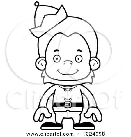 Lineart Clipart of a Cartoon Black and White Happy Christmas Elf Orangutan Monkey - Royalty Free Outline Vector Illustration by Cory Thoman