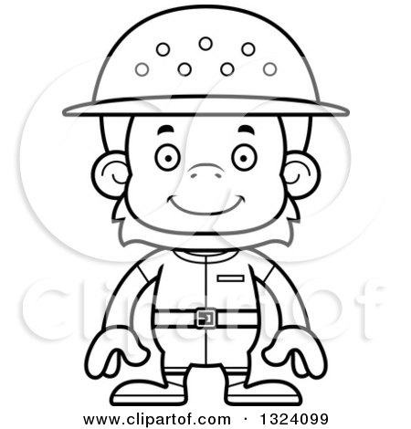 Lineart Clipart of a Cartoon Black and White Happy Orangutan Monkey Zookeeper - Royalty Free Outline Vector Illustration by Cory Thoman