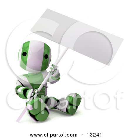 Green and White Striped Metal Robot Sitting on the Ground and Holding a Blank Sign Clipart Illustration by Leo Blanchette