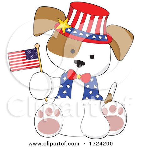 Clipart of a Cartoon Cute Patriotic Fourth of July Puppy Dog Sitting and Holding an American Flag - Royalty Free Vector Illustration by Maria Bell