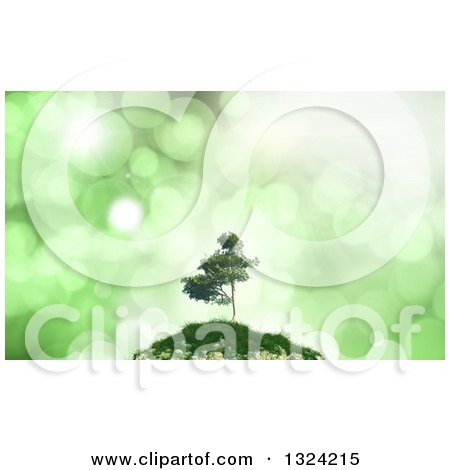Clipart of a 3d Tree on a Hill over Green Flares - Royalty Free Illustration by KJ Pargeter