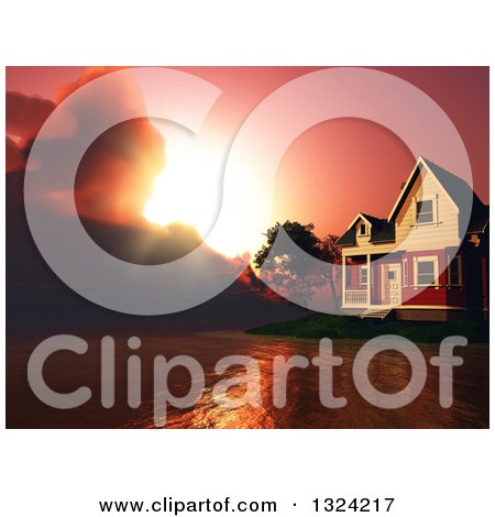 Clipart of a 3d Lake Front House and Dramatic Red Sunset - Royalty Free Illustration by KJ Pargeter