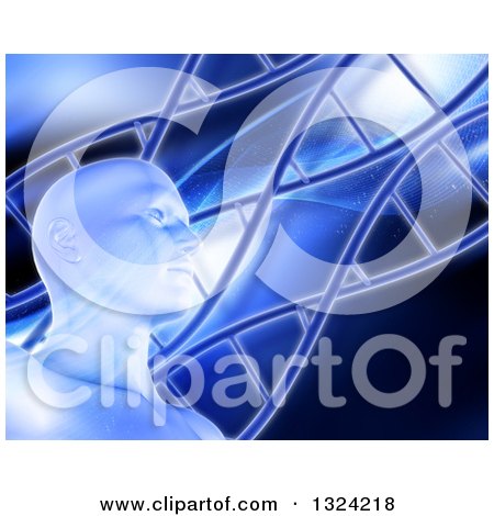 Clipart of a 3d Virtual Man's Head and Diagonal DNA Strands over Blue - Royalty Free Illustration by KJ Pargeter