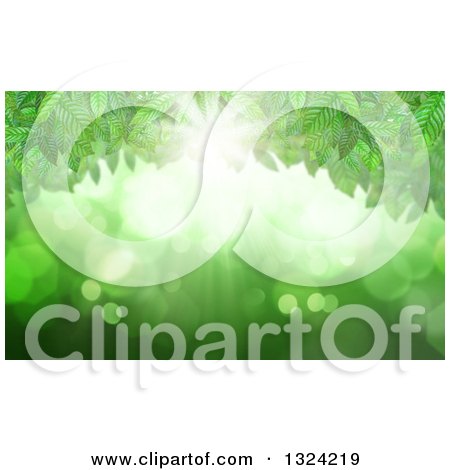 Clipart of a Background of Leaves, Bright Light and Flares on Green - Royalty Free Illustration by KJ Pargeter