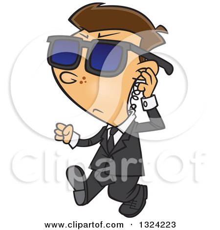 Clipart of a Cartoon White Security Boy Walking and Adjusting an Ear Piece - Royalty Free Vector Illustration by toonaday