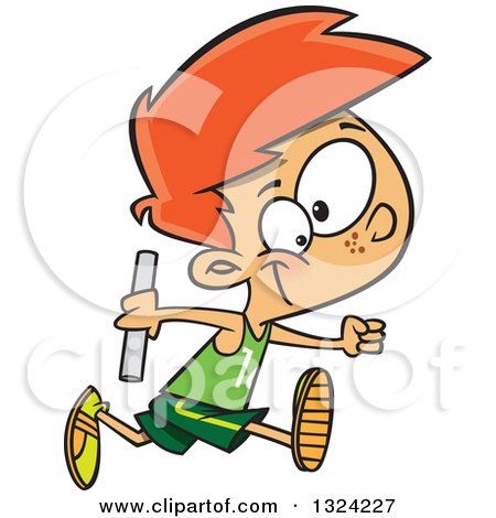 Clipart of a Cartoon Red Haired White Boy Holding a Baton and Running a Relay Race - Royalty Free Vector Illustration by toonaday