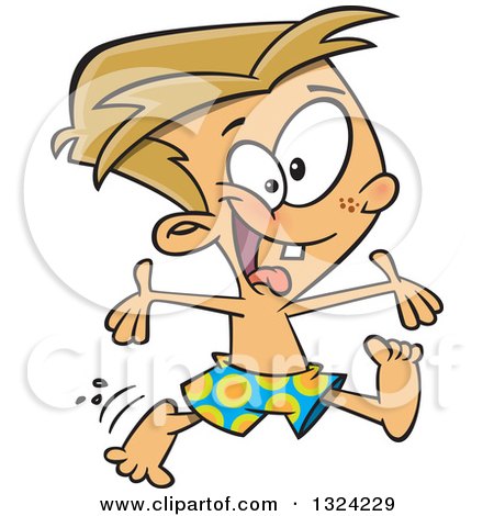 Clipart of a Cartoon Excited Dirty Blond White Boy Jumping and Ready to Go to the Beach - Royalty Free Vector Illustration by toonaday