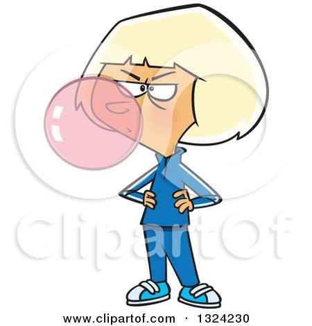 Clipart of a Cartoon Obnoxious Blond White Girl Blowing Bubble Gum - Royalty Free Vector Illustration by toonaday