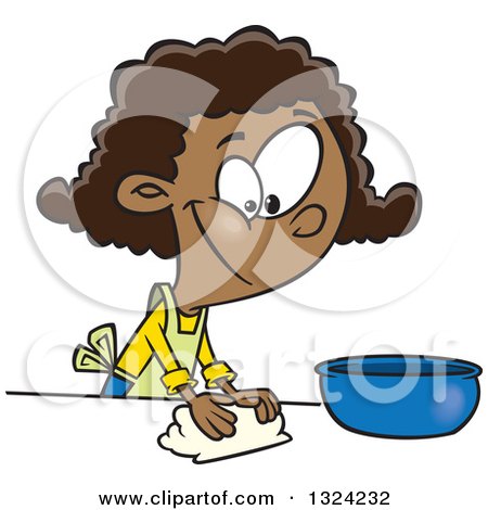 Clipart of a Cartoon Happy Black Girl Kneading Dough and Baking - Royalty Free Vector Illustration by toonaday