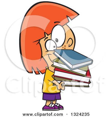 Clipart of a Cartoon Red Haired White Girl Holding a Stack of Books - Royalty Free Vector Illustration by toonaday