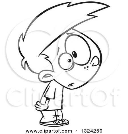 Lineart Clipart of a Cartoon Black and White Boy Looking Stunned - Royalty Free Outline Vector Illustration by toonaday