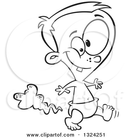 Lineart Clipart of a Cartoon Black and White Stinky Baby Boy Walking and Farting or Pooping - Royalty Free Outline Vector Illustration by toonaday