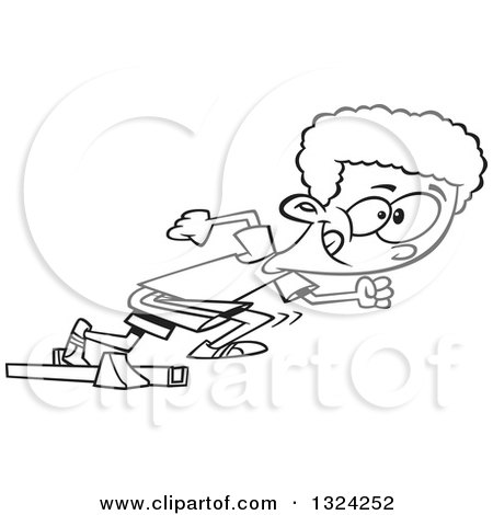 Lineart Clipart of a Cartoon Black and White African American Track and Field Boy Taking off in a Sprint - Royalty Free Outline Vector Illustration by toonaday