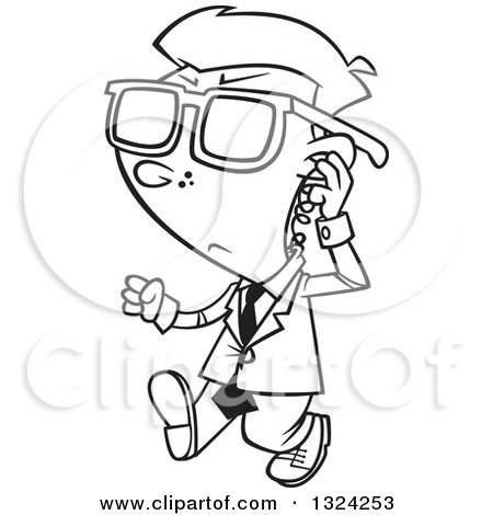 Lineart Clipart of a Cartoon Black and White Security Boy Walking and Adjusting an Ear Piece - Royalty Free Outline Vector Illustration by toonaday