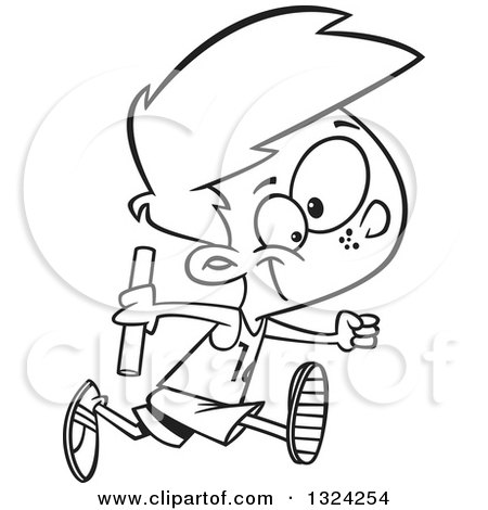Lineart Clipart of a Cartoon Black and White Boy Holding a Baton and Running a Relay Race - Royalty Free Outline Vector Illustration by toonaday