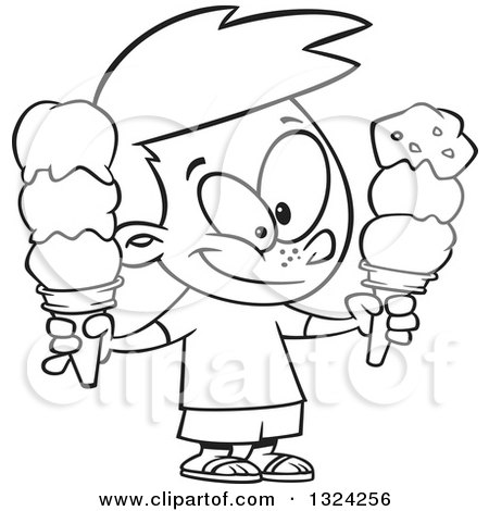 Lineart Clipart of a Cartoon Black and White Happy Boy Holding Two Waffle Ice Cream Cones - Royalty Free Outline Vector Illustration by toonaday