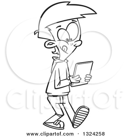 Lineart Clipart of a Cartoon Black and White Boy Walking and Using a Tablet Computer - Royalty Free Outline Vector Illustration by toonaday