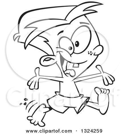 Lineart Clipart of a Cartoon Black and White Excited Boy Jumping and Ready to Go to the Beach - Royalty Free Outline Vector Illustration by toonaday