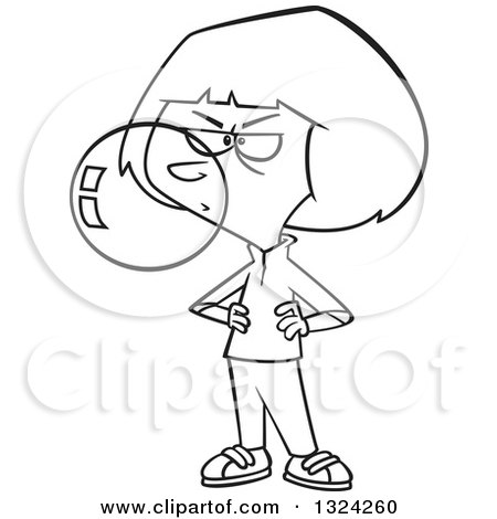 Lineart Clipart of a Cartoon Black and White Obnoxious Girl Blowing Bubble Gum - Royalty Free Outline Vector Illustration by toonaday