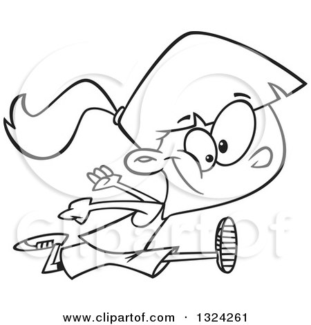 Lineart Clipart of a Cartoon Black and White Happy Girl Long Jumping - Royalty Free Outline Vector Illustration by toonaday