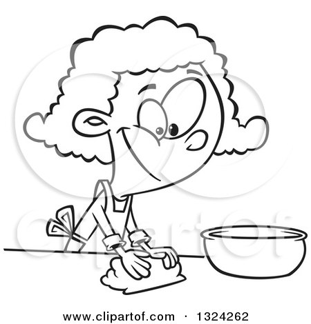 Lineart Clipart of a Cartoon Black and White Happy African American Girl Kneading Dough and Baking - Royalty Free Outline Vector Illustration by toonaday