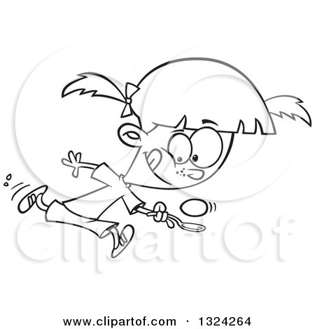 Lineart Clipart of a Cartoon Black and White Girl Running in an Egg Race - Royalty Free Outline Vector Illustration by toonaday
