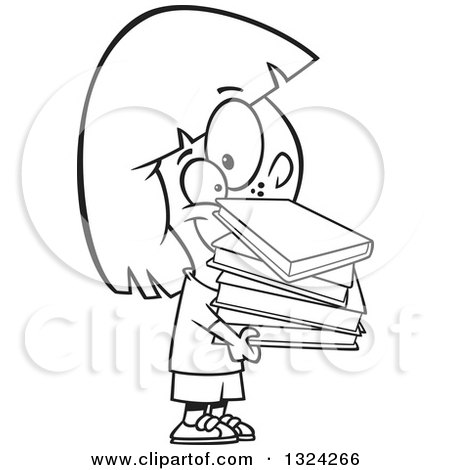 Lineart Clipart of a Cartoon Black and White Girl Holding a Stack of Books - Royalty Free Outline Vector Illustration by toonaday