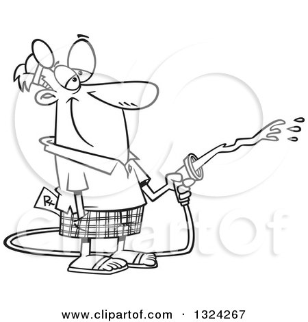 Lineart Clipart of a Cartoon Black and White Happy Retired Male Doctor Using a Hose - Royalty Free Outline Vector Illustration by toonaday