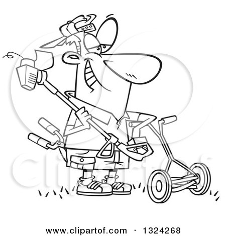 Lineart Clipart of a Cartoon Black and White Happy Lawn Warrior Man Ready to Mow and Weed Whack - Royalty Free Outline Vector Illustration by toonaday