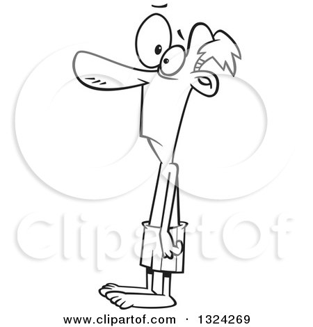 Lineart Clipart of a Cartoon Black and White Skinny 98 Pound Man in Boxers - Royalty Free Outline Vector Illustration by toonaday