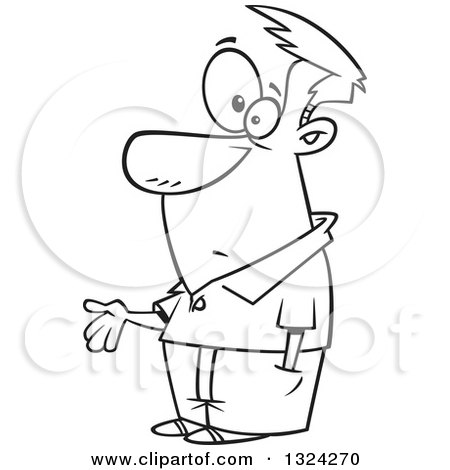 Lineart Clipart of a Cartoon Black and White Man Asking for a Handout - Royalty Free Outline Vector Illustration by toonaday