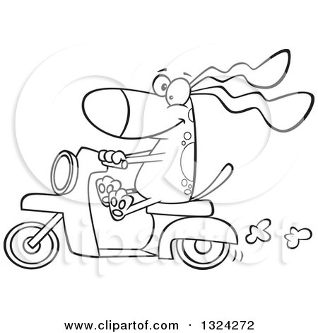 Lineart Clipart of a Cartoon Black and White Happy Dog Riding a Scooter - Royalty Free Outline Vector Illustration by toonaday