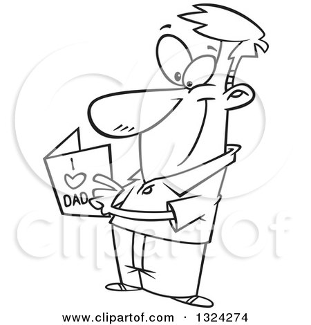 Lineart Clipart of a Cartoon Black and White Happy Dad Reading a Fathers Day Card - Royalty Free Outline Vector Illustration by toonaday