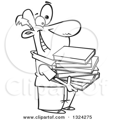 Lineart Clipart of a Cartoon Black and White Happy Man Holding a Stack of Books - Royalty Free Outline Vector Illustration by toonaday