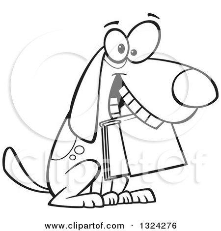 Lineart Clipart of a Cartoon Black and White Dog Sitting with a Book in His Mouth - Royalty Free Outline Vector Illustration by toonaday