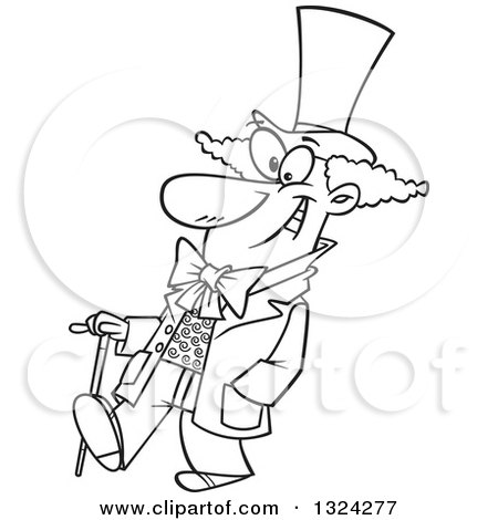 Lineart Clipart of a Cartoon Black and White Happy Man, Willy Wonka, Walking with a Cane - Royalty Free Outline Vector Illustration by toonaday