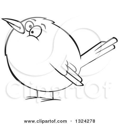 Lineart Clipart of a Cartoon Black and White Chubby Wren Bird - Royalty Free Outline Vector Illustration by toonaday