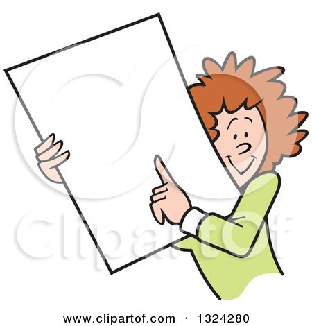 Clipart of a Cartoon Happy Caucasian Business Woman Holding and Pointing to a Blank Sign or Document - Royalty Free Vector Illustration by Johnny Sajem