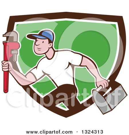 Clipart of a Cartoon White Male Plumber Sprinting with a Tool Box and Monkey Wrench in a Brown White and Green Shield - Royalty Free Vector Illustration by patrimonio
