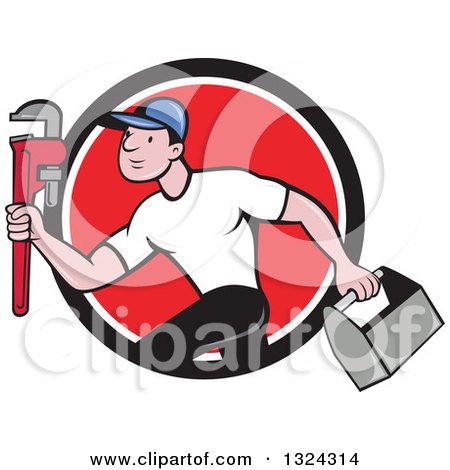 Clipart of a Cartoon White Male Plumber Sprinting with a Tool Box and Monkey Wrench in a Black White and Red Circle - Royalty Free Vector Illustration by patrimonio